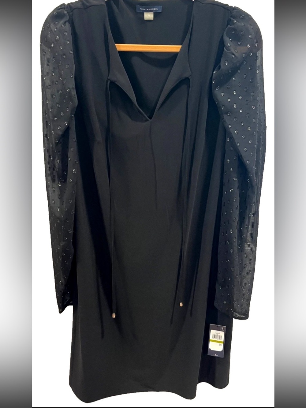 Tommy Hilfiger NWT Black Sheath Dress Size 14 Swiss Dot Long Sleeve